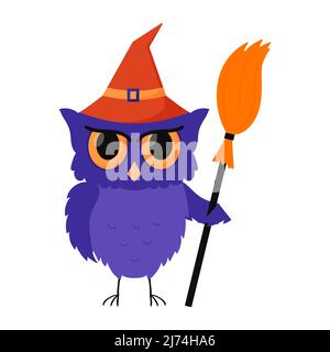 A purple frowning owl in a red hat and with a witch's broom. Color flat cartoon vector illustration isolated on a white background Stock Vector