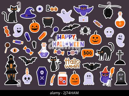 A set of stickers for celebrating Halloween. Sticker pack with a white border. Halloween characters and attributes in flat style. Ghost, owl cat, bat, Stock Vector