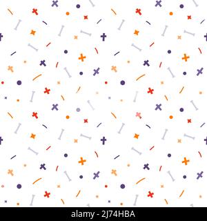 Seamless pattern with abstract geometric shapes, crosses, circle, lines and bones. A backdrop for Halloween cards. Color vector illustration. Flat sty Stock Vector