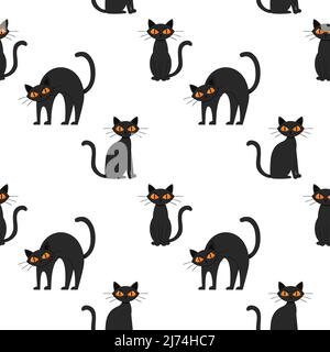 Seamless pattern with a Halloween black cat with yellow eyes. Flat cartoon cat sits, stands and arched its back. An angry, dissatisfied, frowning anim Stock Vector