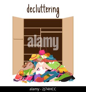 A pile of clothes and shoes lying on the floor in front of an empty wardrobe. A mess, a stack of things dumped out of the closet. Clutter,overconsumpt Stock Vector