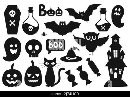 A set of simple black silhouettes of Halloween symbols. Owl, ghost, bat, potion, skull, hat, cat, candy. Simple flat vector decorative elements are is Stock Vector