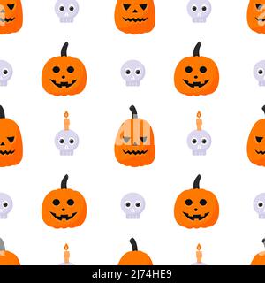 Halloween seamless pattern with pumpkin lanterns with carved faces and a skull with a candle. A backdrop for Halloween cards. Color vector illustratio Stock Vector