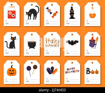 A collection of colorful gift labels with Halloween symbols and words - to whom, from whom. Jar with eyes, cauldron, witch, crystal, lollipops, boo, p Stock Vector