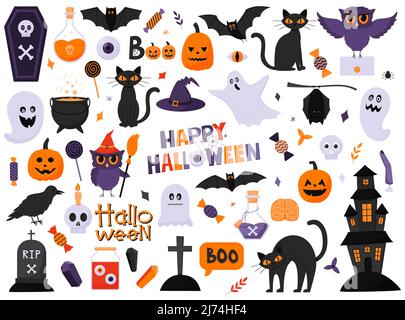 A set of design elements for Halloween. Pumpkins, owls, cats, ghosts, hat, poison, bats. Purple, orange colors. Flat cartoon vector illustrations isol Stock Vector