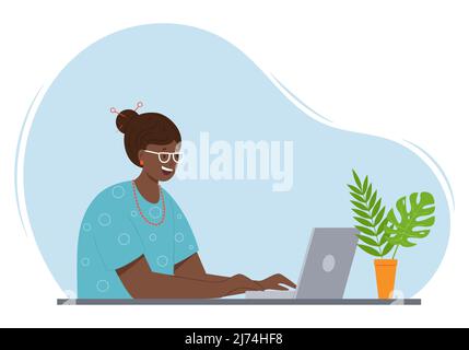 A happy elderly woman with gray hair is sitting at a table with a laptop. An adult modern gradma in glasses and beads communicates at the computer. Co Stock Vector