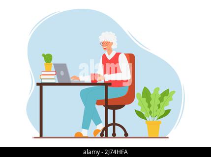 A happy elderly woman in a vest and trousers is sitting at a table with a laptop. An adult modern grandmother with gray hair uses the Internet. Color Stock Vector