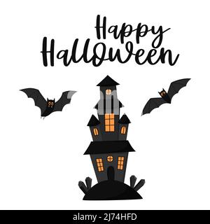 A creepy black haunted house and flying bats. Handwritten words of Happy Halloween. Postcard with hand lettering. Flat cartoon vector illustration iso Stock Vector