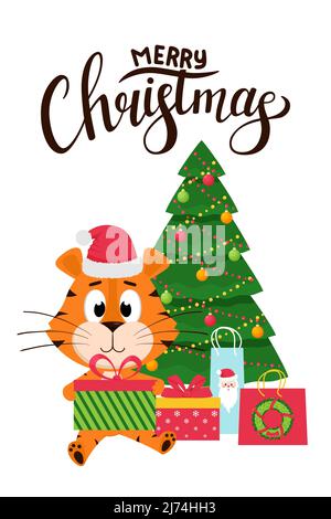 Christmas greeting card with a cute cartoon tiger in a Santa hat holding a gift box on the background of Christmas tree. Hand lettering Merry Christma Stock Vector