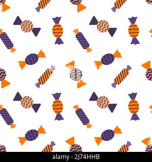 Seamless pattern with candy wrappers. Orange-purple colors. A backdrop for Halloween cards. Color vector illustration in a flat style. The elements ar Stock Vector