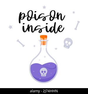 A witch's potion in round flask with a purple liquid poison with a stopper and a skull. A postcard with a hand lettering - Poison inside. Halloween. C Stock Vector