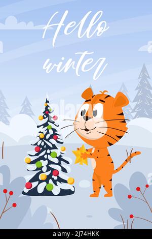 Cute cartoon tiger is decorating a Christmas tree. Vertical rectangular card with an adorable character. Hello winter. Color vector illustration on th Stock Vector