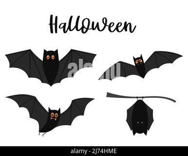 A set of black flying bats with yellow eyes. Halloween decorative elements. Color flat cartoon vector illustration isolated on a white background Stock Vector