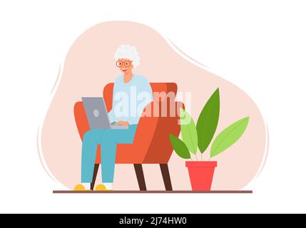 A happy elderly woman is sitting in a chair in a home interior with a laptop. A smiling adult modern grandmother with gray hair uses a computer. Color Stock Vector