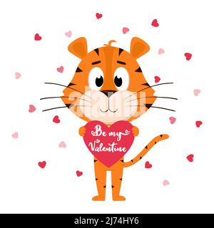 A cute cartoon tiger holds a heart with the inscription Be my Valentine in its paws. A Valentine's day card with an adorable character. Color vector i Stock Vector