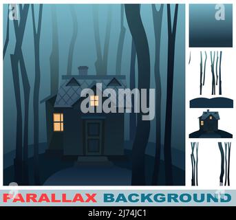 Cartoon house in woods among trees. Set parallax effect. Creepy Forest. Cozy country house in traditional European style. Nice funny home. Scary fores Stock Vector