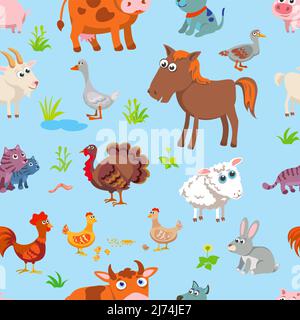 funny village animals, pattern, various poses and situations, drawing, vector, images, cartoon, children’s pattern for decoration and design, packagin Stock Vector