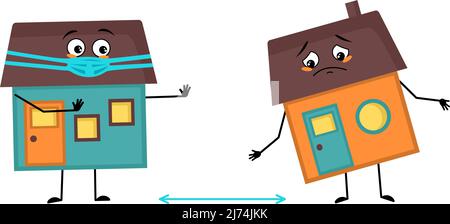 Cute house character with face in medical mask keep distance, arms and legs. Building man with care expression, funny cottage. Vector flat illustration Stock Vector
