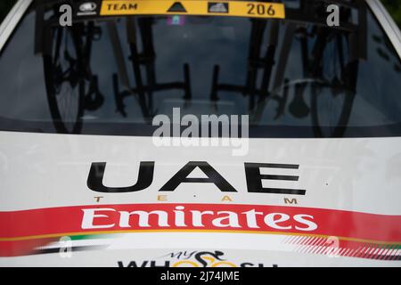 01 May 2022, Hessen, Eschborn: Cycling: UCI WorldTour - Eschborn - Frankfurt (185 km). A logo of the team UAE Team Emirates. Photo: Sebastian Gollnow/dpa Stock Photo
