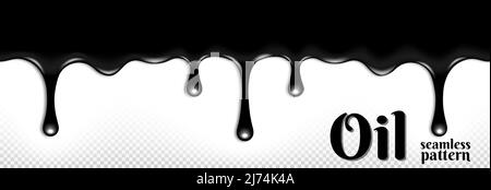Oil flows from above, horizontal seamless pattern. Isolated on transparent png background. Black oil vector illustration Stock Vector