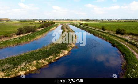 Low Altitude, Aerial view of Roaring Gutter Dyke, in the Lydden Valley, looking towards Worth, Kent Stock Photo