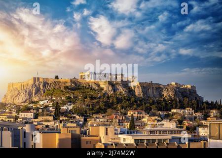 Sunrise view of the Parthenon Temple at the Acropolis of Athens Stock Photo