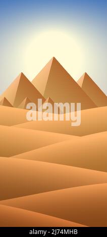 Egyptian Giza pyramids on a sunny desert background. Egypt landscape vertical vector background. Stock Vector