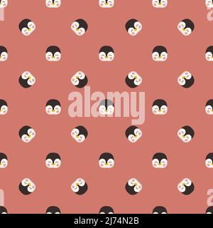 Seamless pattern with cute penguin in childish style with smile face and eyes on red background. Print of funny winter bird with happy face. Vector flat illustration for holidays Stock Vector