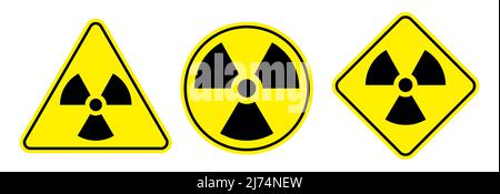 Radioactive warning signs vector set. Triangle, circle, and rectangle shape, black and yellow radioactivity icons isolated on white background. Stock Vector