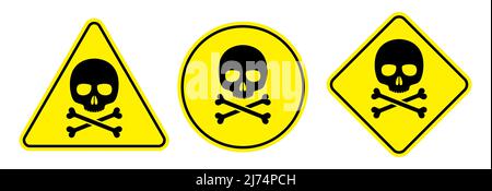 Skull warning sign vector set. Triangle, circle, and rectangle shape black and yellow danger zone icons, isolated on white background. Stock Vector