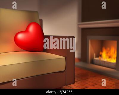 A big red heart is resting on a sofa, next to a fireplace. Digital illustration. Stock Photo
