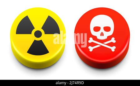 Radiation and death skull button set isolated on a white background. Yellow and red danger vector buttons. Stock Vector