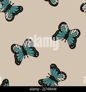 Seamless vector pattern with beautiful butterflies on cream white background. Simple hand drawn summer wallpaper design. Stock Vector
