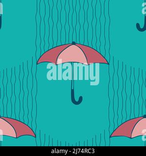 Seamless vector pattern with pink umbrellas on aqua blue background. Simple modern weather wallpaper design. Decorative rainy fashion textile. Stock Vector