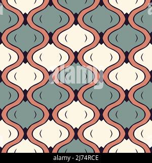 Seamless vector pattern with retro decorative texture on brown background. Repeat wavy mosaic wallpaper design. Vintage grid fashion textile. Stock Vector