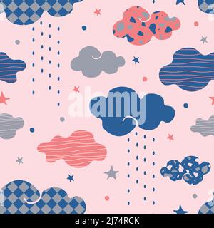 Seamless vector pattern with cute textured clouds on pink background. Simple dream weather wallpaper design for children. Stock Vector