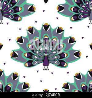 Seamless vector pattern with blue peacock on white background. Beautiful bird wallpaper design. Luxury fashion textile. Stock Vector