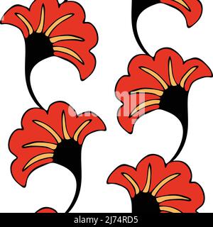 Seamless vector pattern with abstract red leaves on white background. Simple retro floral wallpaper design. Decorative contrast bloom fashion textile. Stock Vector