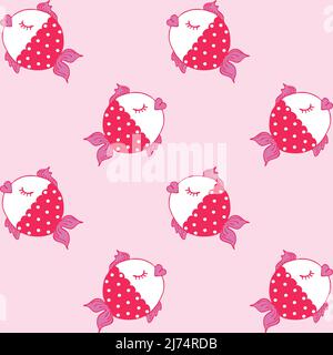 Seamless vector pattern with spotted fish on pink background. Cute wallpaper design for children. Under water sleeping fish fashion textile. Stock Vector
