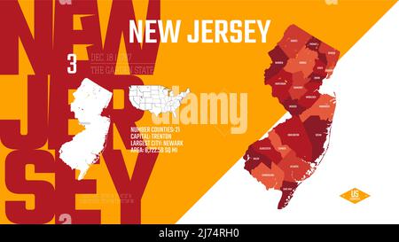 3 of 50 states of the United States, divided into counties with territory nicknames, Detailed vector New Jersey Map with name and date admitted to the Stock Vector