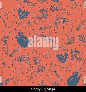 Seamless vector pattern with hand drawn vegetables on orange background. Simple summer garden wallpaper design. Decorative lifestyle fashion textile. Stock Vector