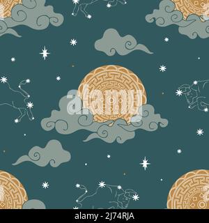 Seamless vector pattern with zodiac symbol and moon on teal blue background. Simple astronomy wallpaper design. Decorative horoscope fashion textile. Stock Vector