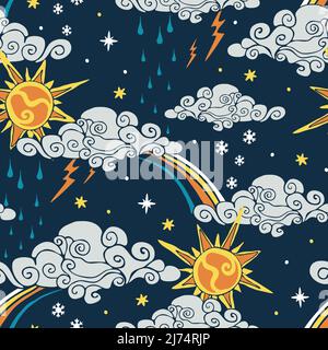 Seamless vector pattern with cartoon weather on dark blue background. Happy sun and rainbow wallpaper design for children. Stock Vector