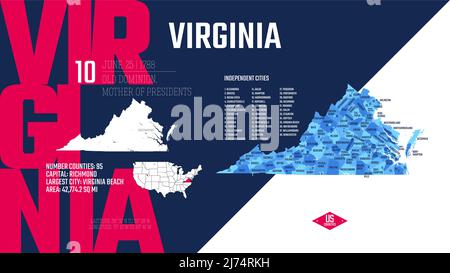 10 of 50 states of the United States, divided into counties with territory nicknames, Detailed vector Virginia Map with name and date admitted to the Stock Vector