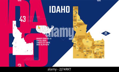 43 of 50 states of the United States, divided into counties with territory nicknames, Detailed vector Idaho Map with name and date admitted to the Uni Stock Vector