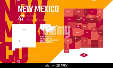 47 of 50 states of the United States, divided into counties with territory nicknames, Detailed vector New Mexico Map with name and date admitted to th Stock Vector