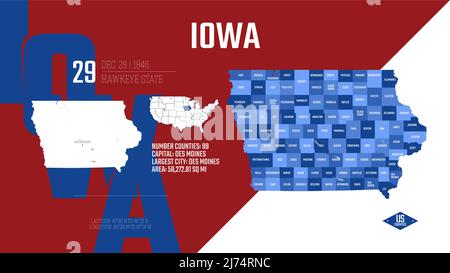 29 of 50 states of the United States, divided into counties with territory nicknames, Detailed vector Iowa Map with name and date admitted to the Unio Stock Vector