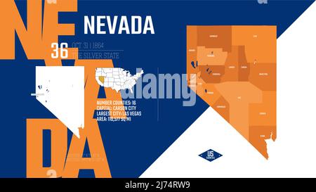 36 of 50 states of the United States, divided into counties with territory nicknames, Detailed vector Nevada Map with name and date admitted to the Un Stock Vector