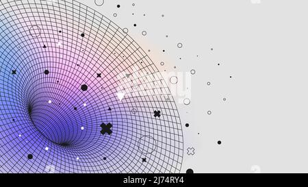 Retrofuturistic vaporwave black hole, tunnel or wormhole over curved spacetime, Vector posters with strange wireframes of geometric shapes modern desi Stock Vector
