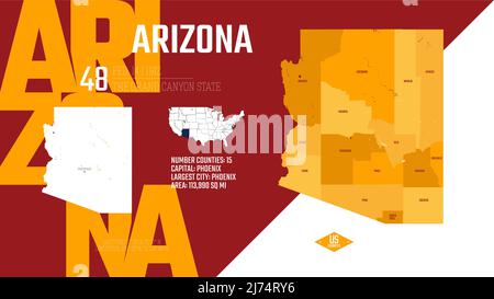48 of 50 states of the United States, divided into counties with territory nicknames, Detailed vector Arizona Map with name and date admitted to the U Stock Vector